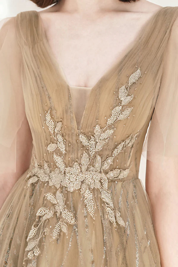 Champagne V-Neck Tulle Sequins Long Prom Dress A-Line Party Dress